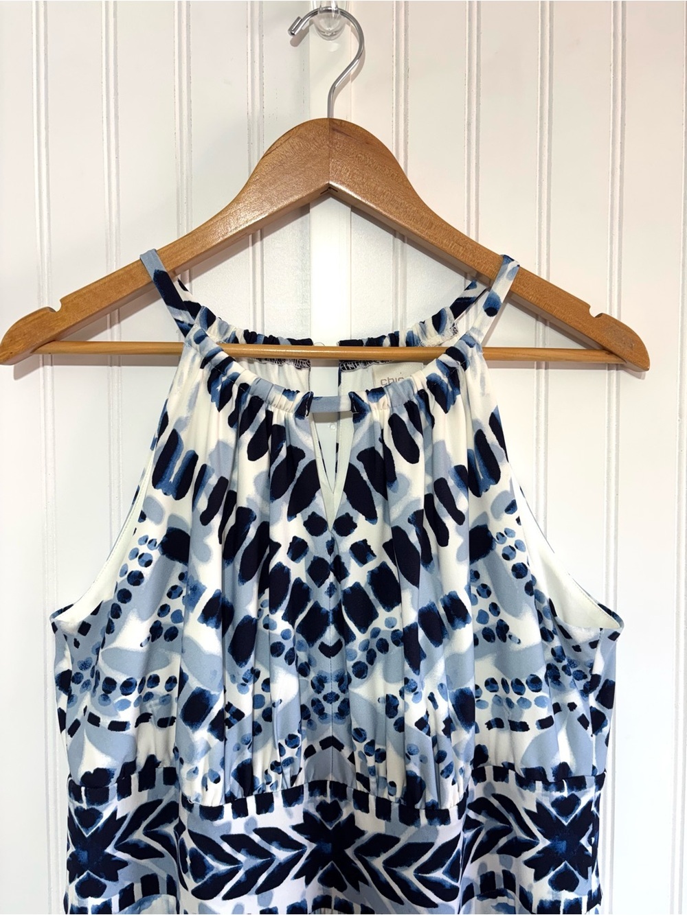 Chico’s Blue White Geometric Halter Maxi Dress Resort Vacation Boho 2/ Large - Picture 4 of 13